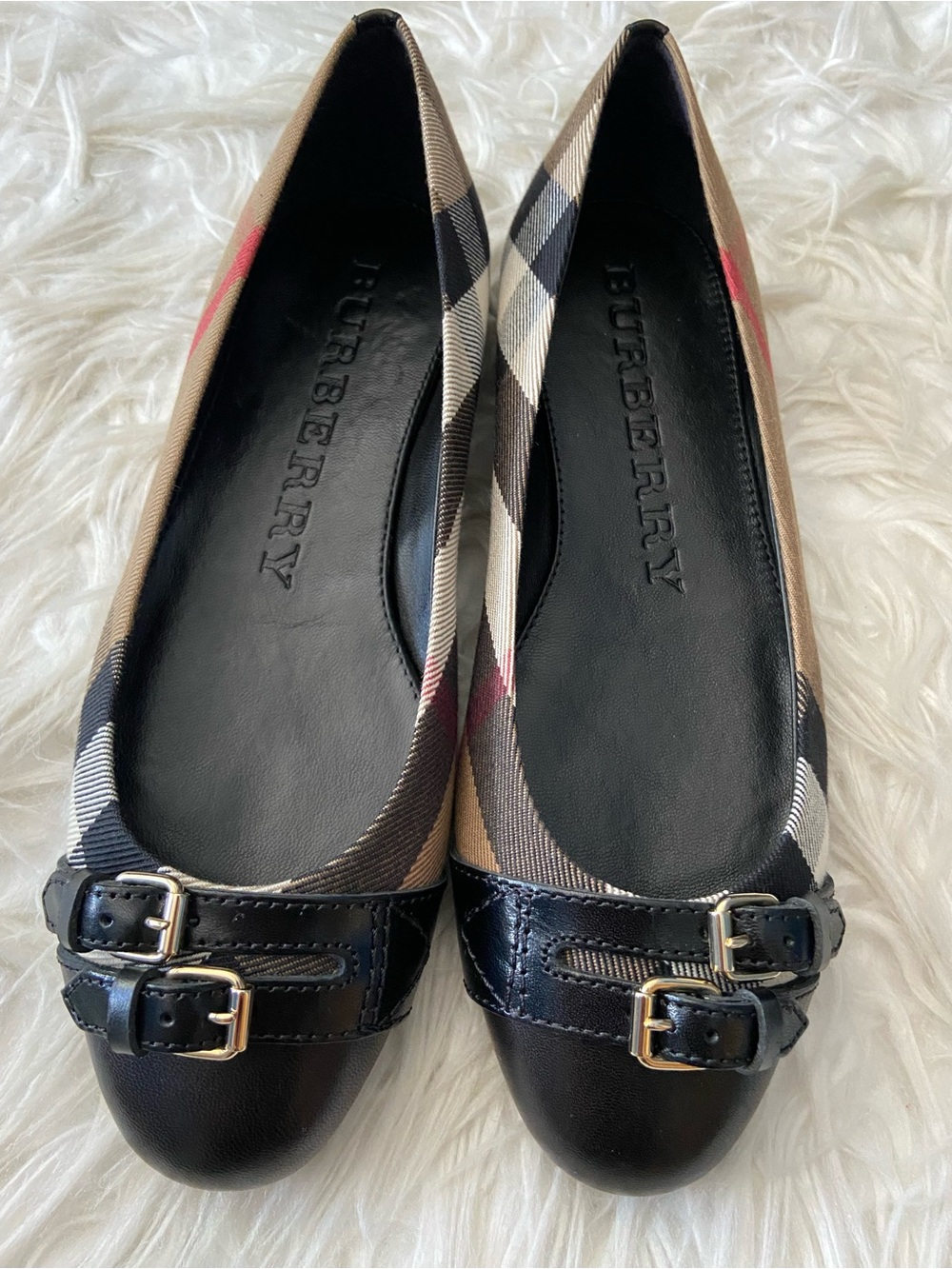 Burberry Classic Check Ballet Flats with Black Trim and Gold Buckles - Picture 5 of 7